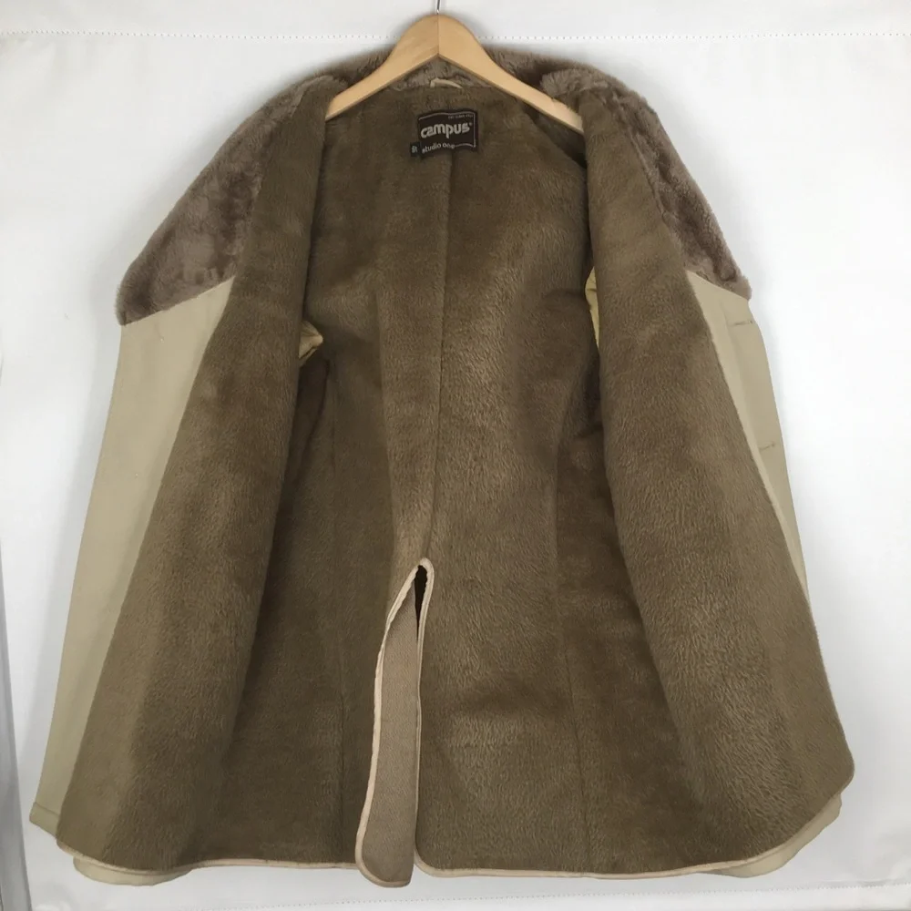 Vintage Faux Fur Trim Coat Jacket by Campus Studio One Beige Men’s Size 46 XL